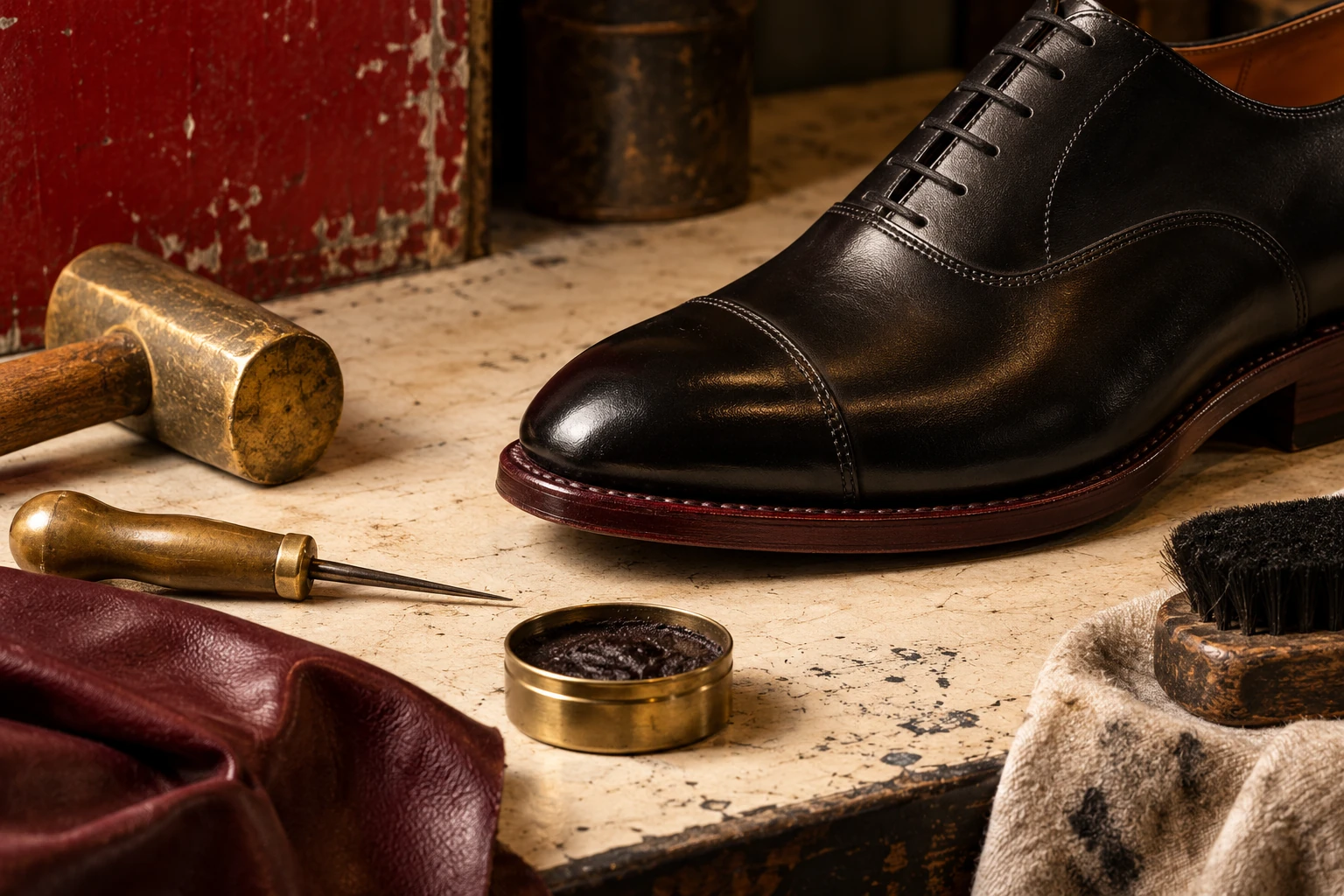 Illustrative black leather shoe, burgundy sole and cobbler tools; not an exact customer item or repair result.